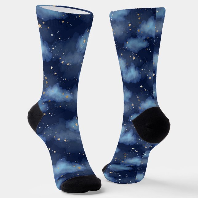 Glitter Gold Stars Dark Blue Sky Pattern Socks (Angled)
