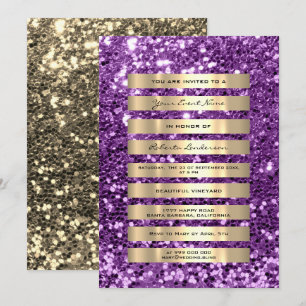 Glitter Gold Stripes Champagne Blush Violet Purple Invitation