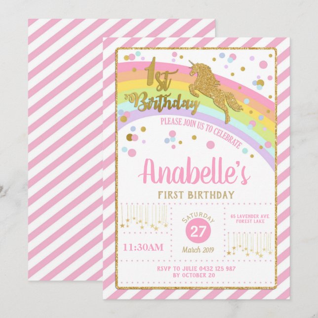 Glitter Gold Unicorn 1st Birthday Invitation Girl (Front/Back)
