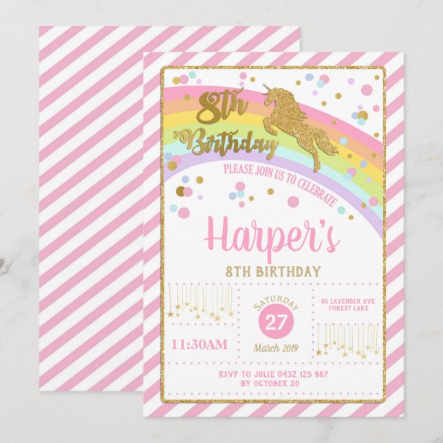 Glitter Gold Unicorn 8th Birthday Invitation Girl (Front/Back)