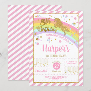 Glitter Gold Unicorn 8th Birthday Invitation Girl