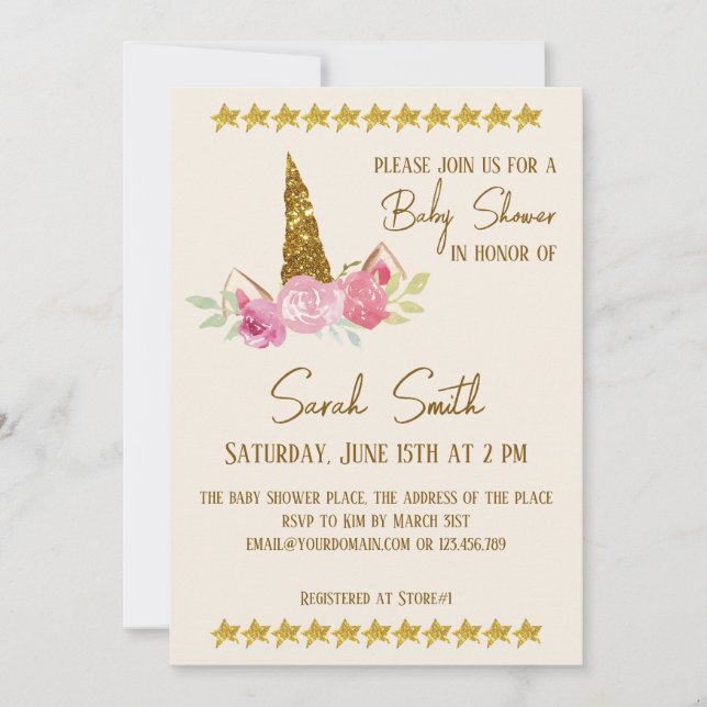 Glitter Gold Unicorn Roses Girl Baby Shower Invitation (Front)