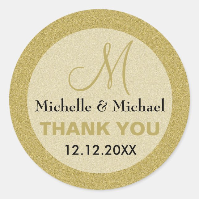 Glitter Gold Wedding Thank You Custom Monogram Classic Round Sticker (Front)