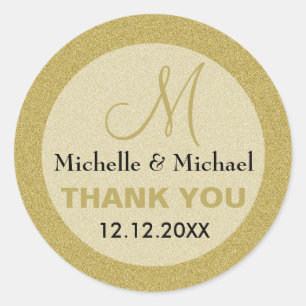 Glitter Gold Wedding Thank You Custom Monogram Classic Round Sticker