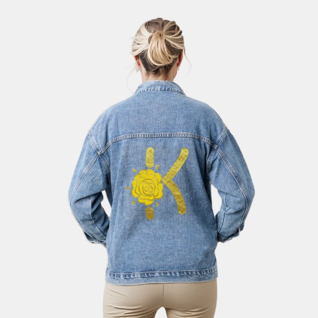 Glitter Gold Yellow Floral Monogram K Womens Denim Jacket (Model)