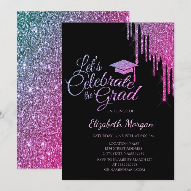 Glitter Grad Cap,Colourful Glitter Drips Graduatio Invitation (Front/Back)