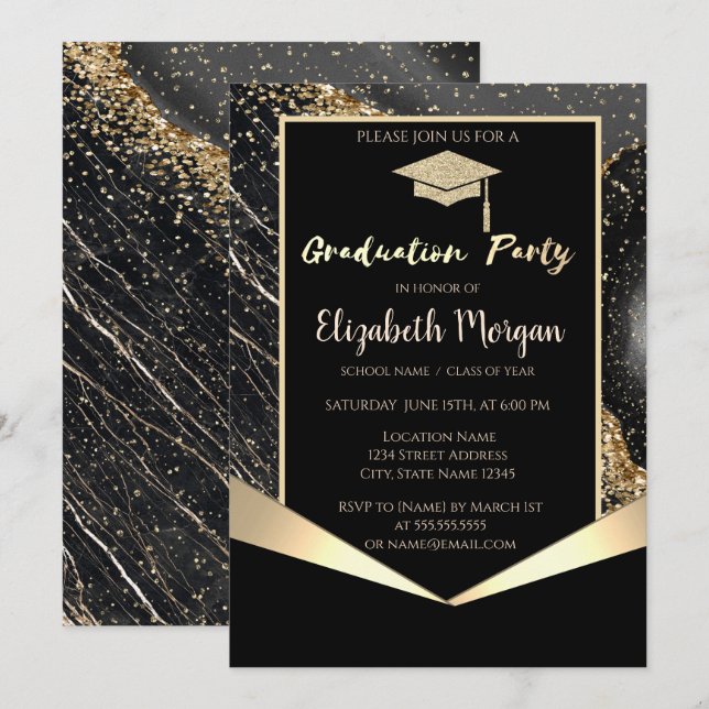 Glitter Grad Cap,Confetti Black Marble Graduation  Invitation (Front/Back)
