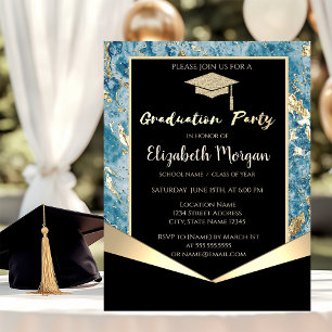 Glitter Grad Cap,Confetti Blue Marble Graduation Invitation