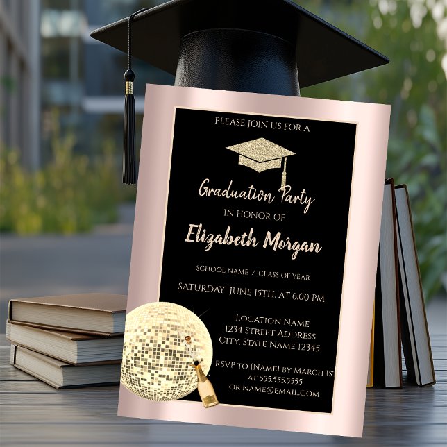 Glitter Grad Cap,Disco Ball Confetti Rose Gold Invitation (Creator Uploaded)
