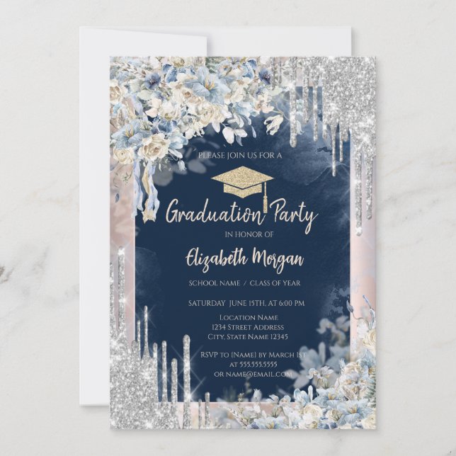 Glitter Grad Cap,Drips,Flowers,Navy Blue Invitation (Front)