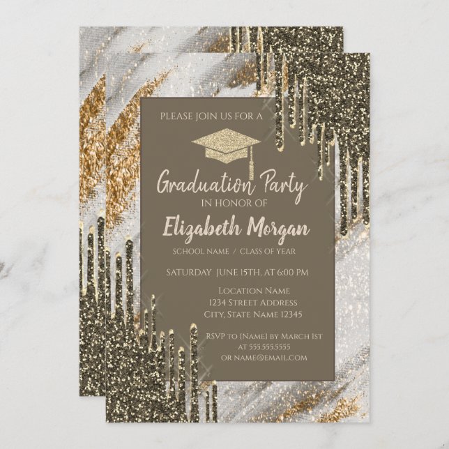 Glitter Grad Cap,Gold Drips,Glitter Graduation Invitation (Front/Back)