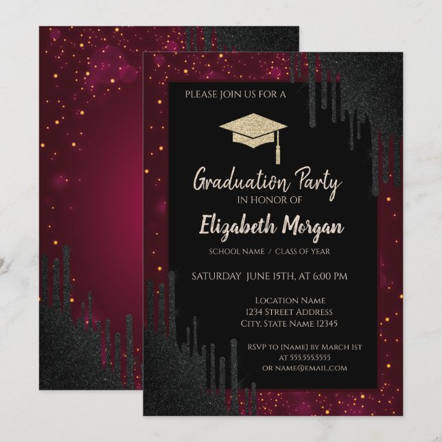 Glitter Graduation Cap,Confetti Black Drips Red  Invitation (Front/Back)
