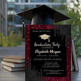 Glitter Graduation Cap,Confetti Black Drips Red  Invitation