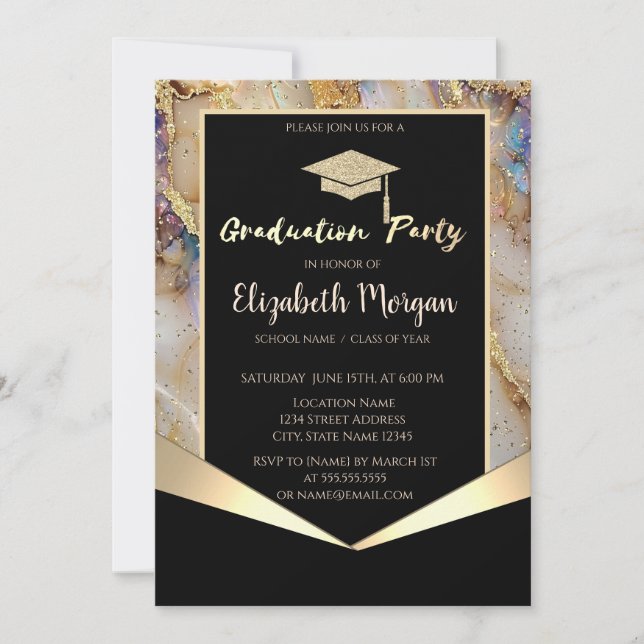 Glitter Graduation Cap,Confetti Pearl Marble  Invitation (Front)