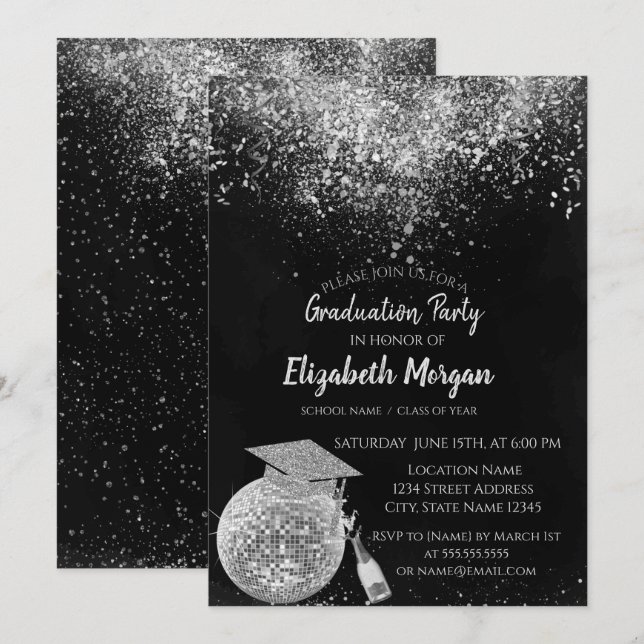 Glitter Graduation Cap,Disco Ball Confetti, Wine Invitation (Front/Back)