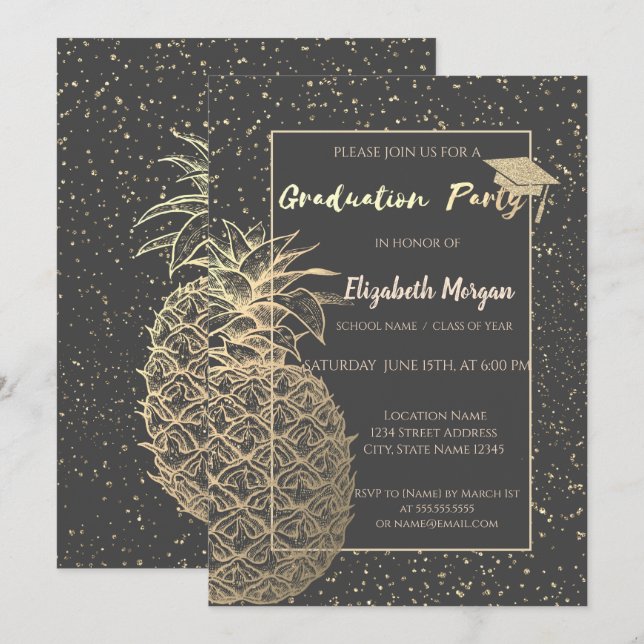 Glitter Graduation Cap,GoldPineapple,Confetti Grad Invitation (Front/Back)