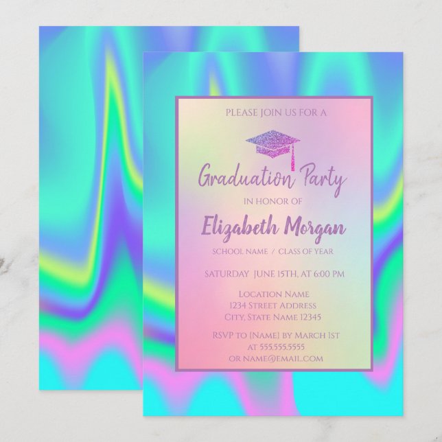 Glitter Graduation Cap Holographic Graduation Invitation (Front/Back)