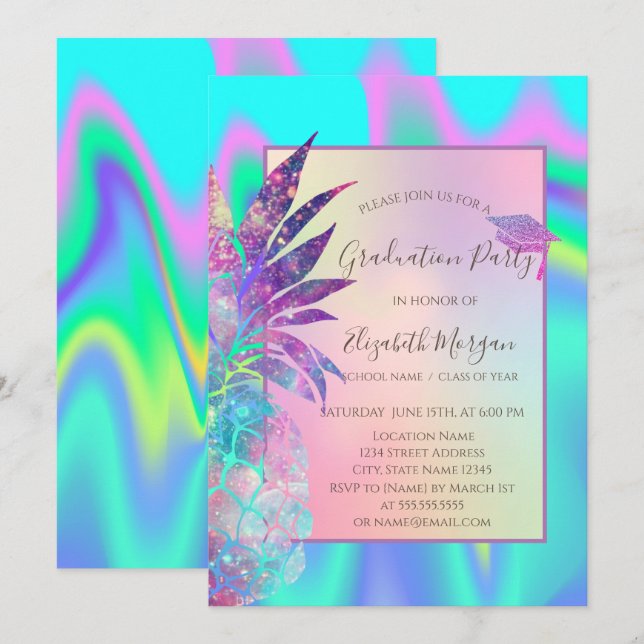 Glitter Graduation Cap, Pineapple Holographic Invitation (Front/Back)