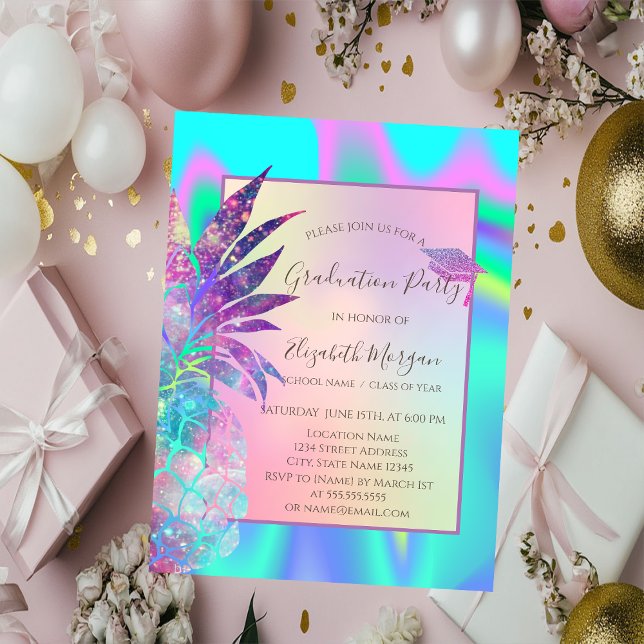 Glitter Graduation Cap, Pineapple Holographic Invitation (Creator Uploaded)