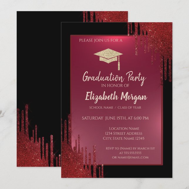 Glitter Graduation Cap,Red Drips Black Graduation  Invitation (Front/Back)