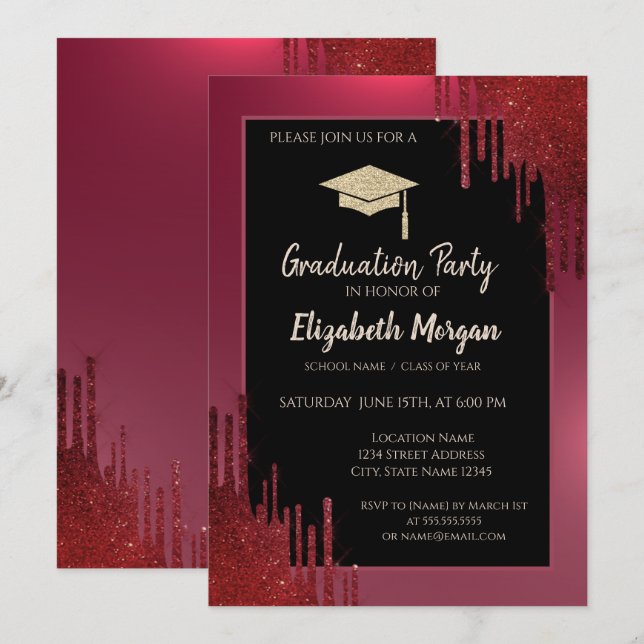 Glitter Graduation Cap,Red Drips Red Graduation Invitation (Front/Back)
