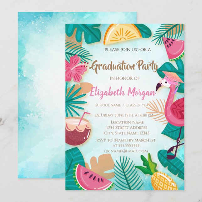 Glitter Graduation Cap,Tropical Graduation Invitation (Front/Back)