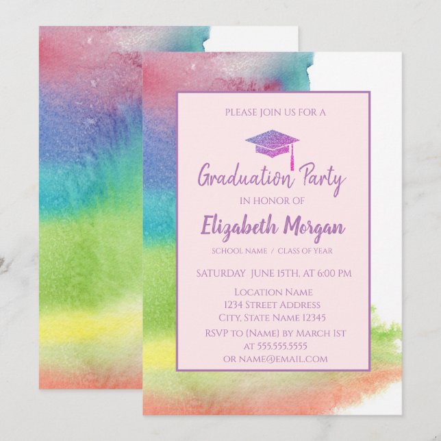 Glitter Graduation Cap,Watercolor Splash Invitation (Front/Back)