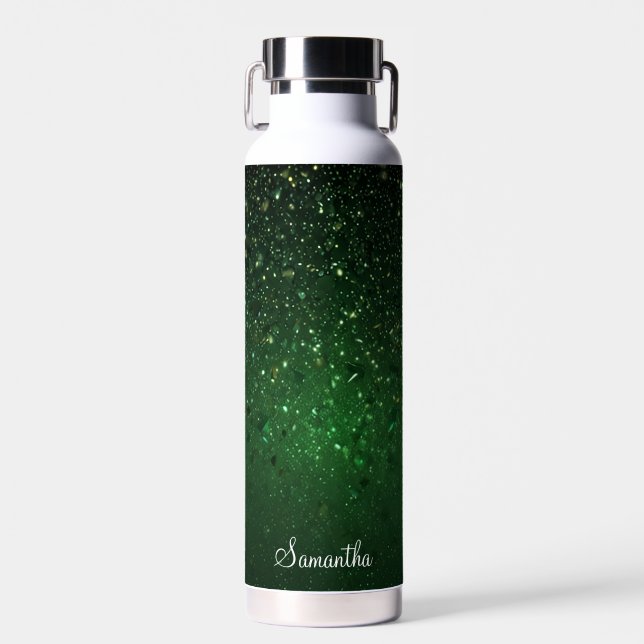 Glitter Green Monogram Name Personalised Water Bottle (Front)