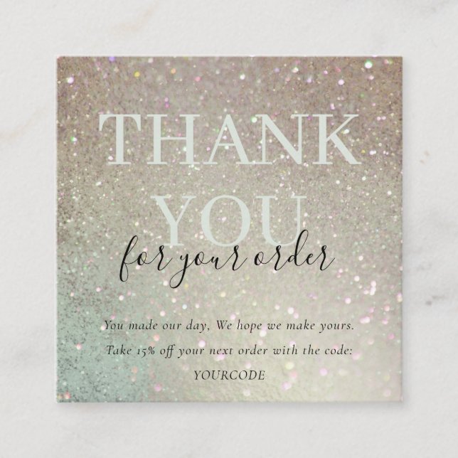 Glitter Green Pink Aqua Shiny Thank You For Order Square Business Card (Front)