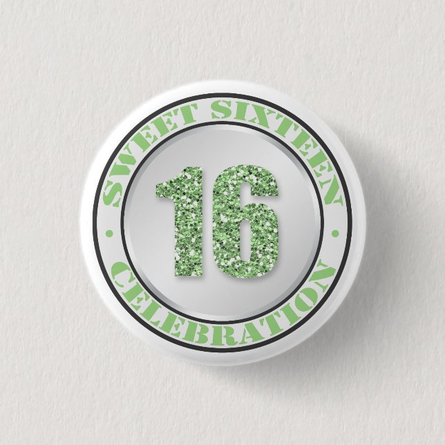 Glitter Green Sweet 16 Celebration Buttons (Front)