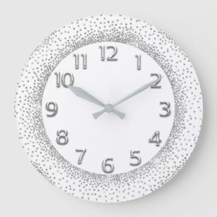 Glitter Grey Numbers White Delicate Grey Silver Large Clock