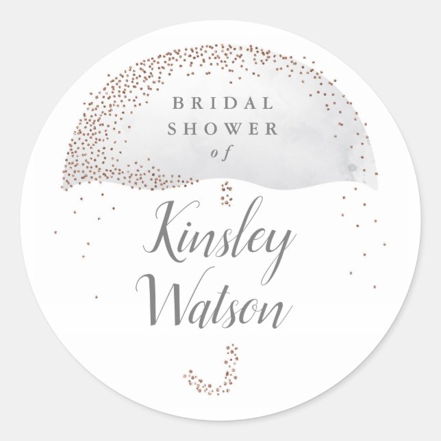 Glitter grey watercolor umbrella bridal shower classic round sticker (Front)