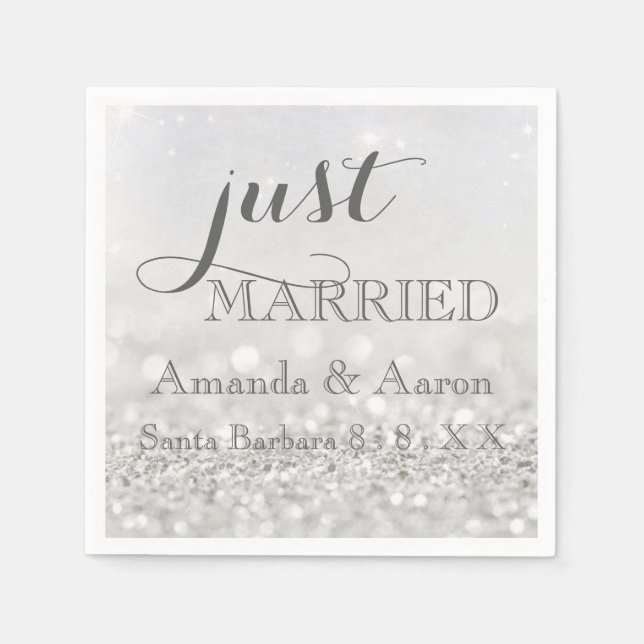 Glitter Grey White Simple Classic Just Married Napkin (Front)