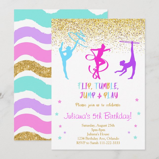Glitter Gymnastic Birthday Invitation (Front/Back)