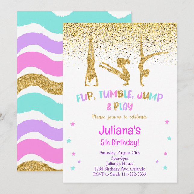 Glitter Gymnastic Birthday Invitation (Front/Back)