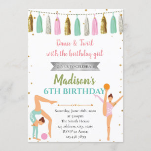 Glitter gymnastic dance birthday party invitation
