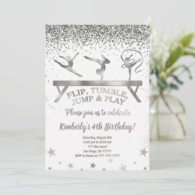 Glitter Gymnastic Kids Birthday Invitation (Standing Front)