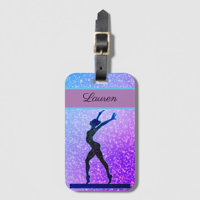 Glitter Gymnastics Beam Blue and Purple Luggage Tag (Front Vertical)