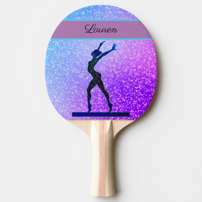 Glitter Gymnastics Beam Blue and Purple Ping Pong Paddle (Front)