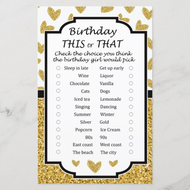Glitter heart Birthday this or that game (Front)