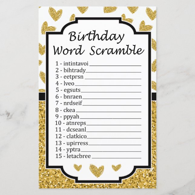 Glitter heart Birthday Word Scramble Game (Front)