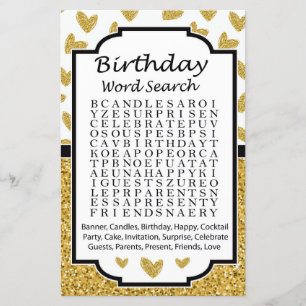 Glitter heart Birthday word search game