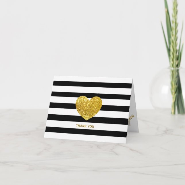Glitter Heart Black Stripe Wedding Photo Thank You (Front)