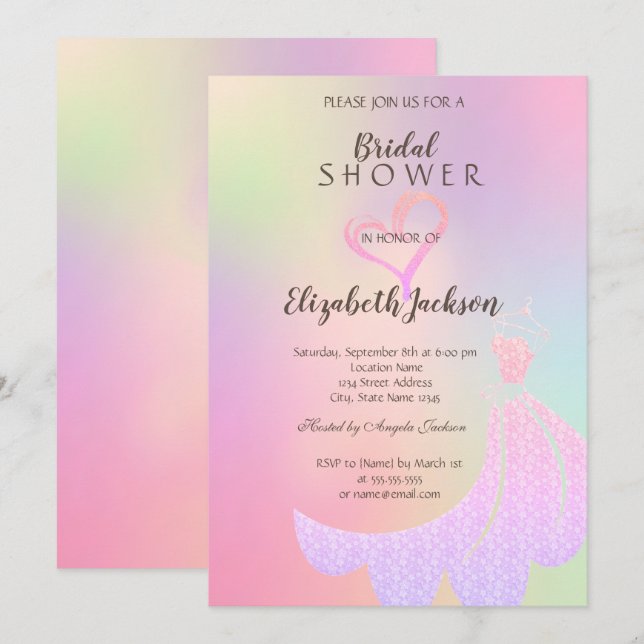 Glitter Heart,Dress Holographic  Bridal Shower Invitation (Front/Back)