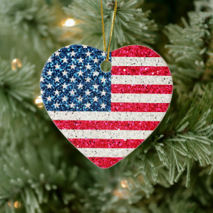    Glitter Heart Patriotic American USA Flag Party Ceramic Tree Decoration