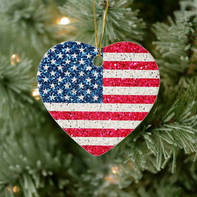    Glitter Heart Patriotic American USA Flag Party Ceramic Tree Decoration (Tree)