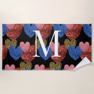 Glitter Hearts Modern Glam Monogram Beach Towel