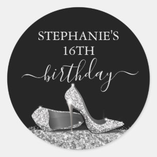 Glitter High Heel 16th Birthday Silver Favour  Classic Round Sticker