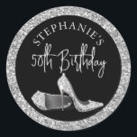 Glitter High Heel Any Birthday Silver  Classic Round Sticker<br><div class="desc">Elegant and Chic Modern Silver and Black Birthday Personalised Envelope Seal or Favour Labels with Faux Glitter Silver High Heel Stiletto Shoes and custom name and birthday year in modern trendy whimsical calligraphy script cursive in black and white.</div>