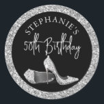 Glitter High Heel Any Birthday Silver  Classic Round Sticker<br><div class="desc">Elegant and Chic Modern Silver and Black Birthday Personalised Envelope Seal or Favour Labels with Faux Glitter Silver High Heel Stiletto Shoes and custom name and birthday year in modern trendy whimsical calligraphy script cursive in black and white.</div>